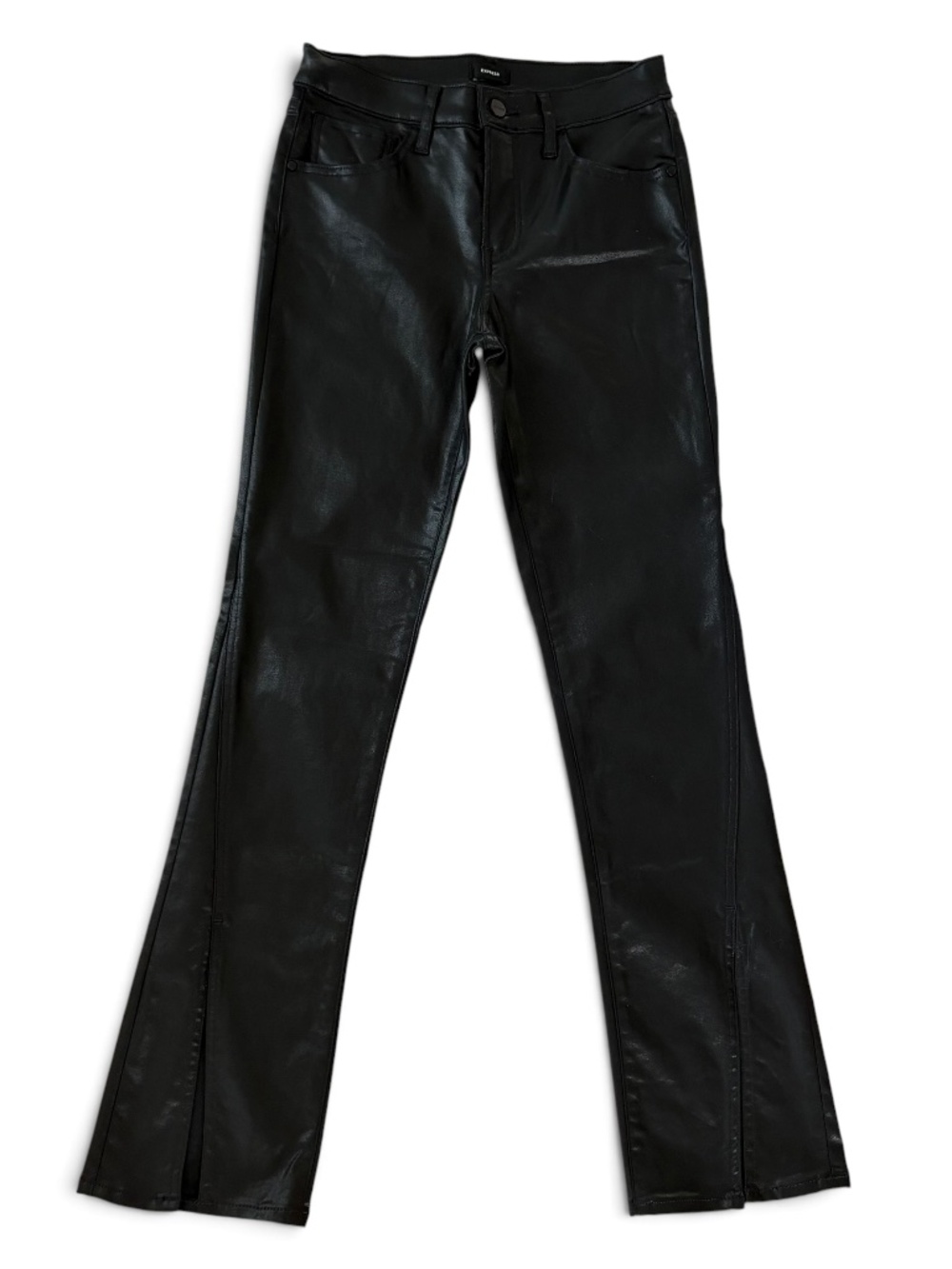 NWOT Express Skyscraper Black Slit Stretch Pants Cropped Metallic Wet Look